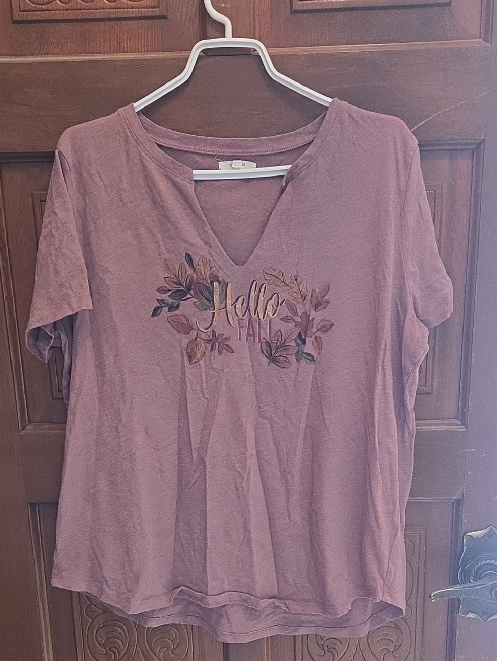 3 For $40 Maurices Mauve Short-Sleeve V-Neck Tee with Fall Floral Graphic